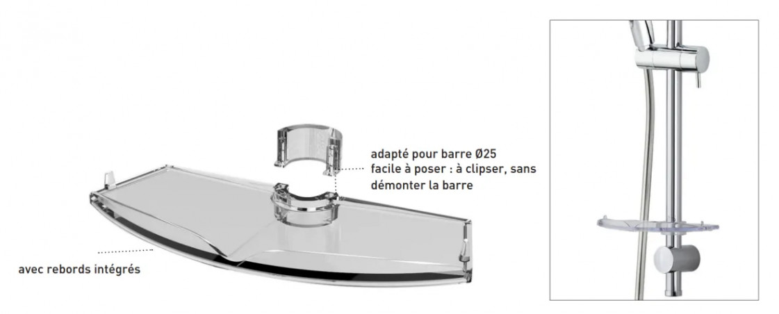 Soap dish for shower bar diameter 25 mm, transparent acrylic