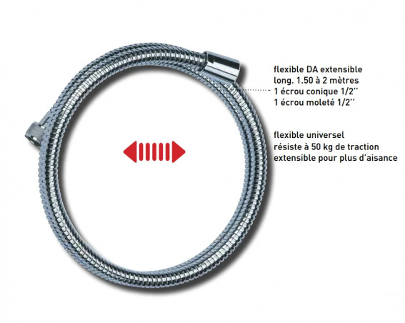 Extensible shower hose 1.50 m to 2 m, universal, high resistance, chromed brass