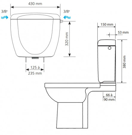 Réservoir WC attenant simple volume, entraxe variable PRIMO 58