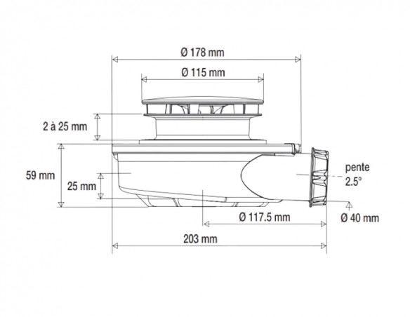 Bonde de douche ultra-rapide et extra-plate pour receveur D. 90 sortie horizontale