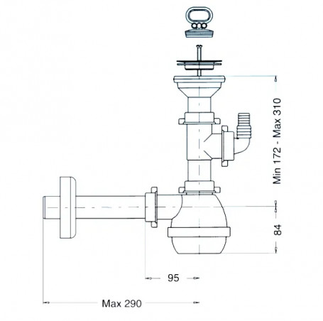 Siphon "M" for ceramic sinks, with horizontal dishwasher inlet