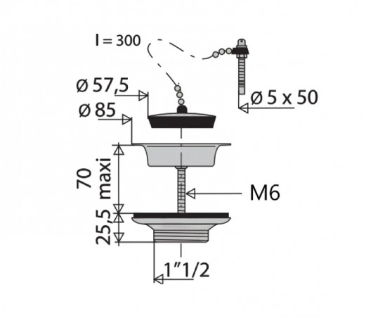 Bonde à bouchon pour évier grès 1 cuve diamètre 60 mm