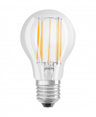 Ampoule LED verre transparent standard E27, 11W, blanc chaud.