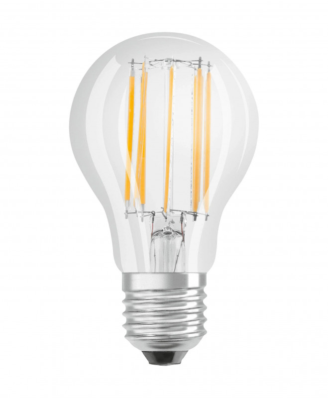 Lampadina LED standard E27 in vetro chiaro, 11W, bianco caldo.