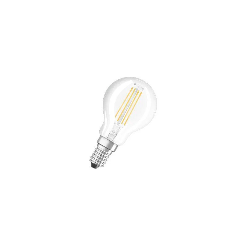 Ampoule LED verre transparent, sphère E14, 4W, blanc chaud.