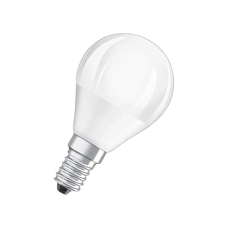 E14 sphere frosted LED bulb, 4.9W, warm white.