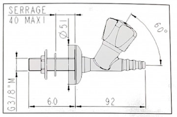 Robinet gaz comprimé, 60mm, 12*17 sur base