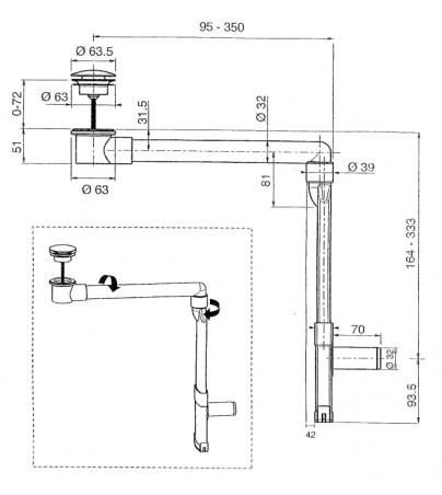 Scarico per lavabo con sifone salvaspazio e tappo UP&DOWN