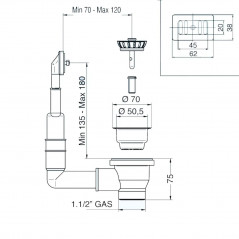 Space-saving basket strainer for sink with 60mm hole and rectangular overflow GOLD BRIGHT