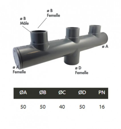 Pool manifold with 3 male outlets 50 mm, female inlet 50 mm