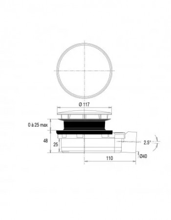 Bonde de douche Smart ultra-plate pour receveur D.90 sortie horizontale, H.48, à coller