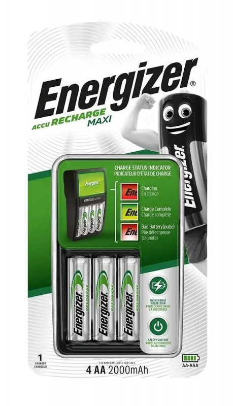 Cargador de pilas Energizer Maxi AA y AAA con 4 pilas AA de 2000mAh.