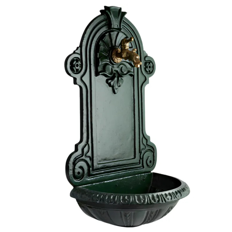 Cast iron wall fountain, green, with tap