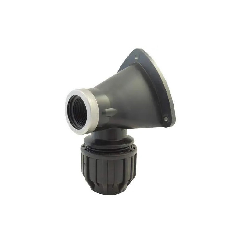 Angled fitting for 20mm diameter female 15x21 (1/2") polyethylene pipe.