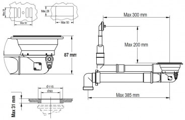 Desagüe automático de fregadero, cromado, con rebosadero rectangular y pulsador