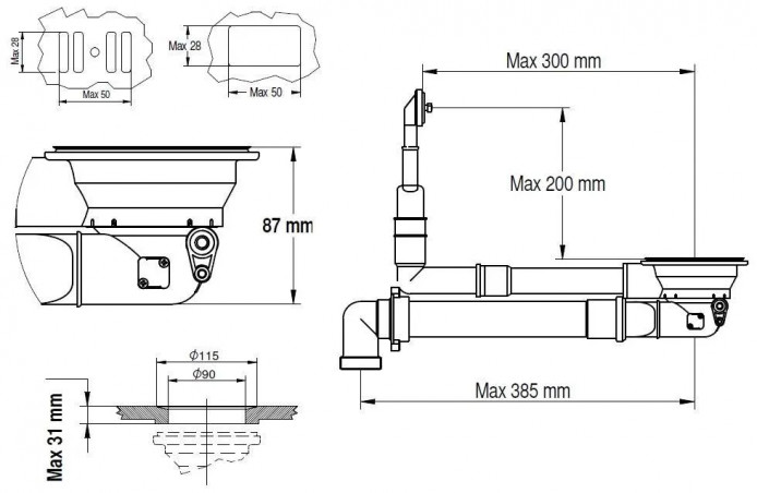 Desagüe automático de fregadero, cromado, con rebosadero rectangular y pulsador