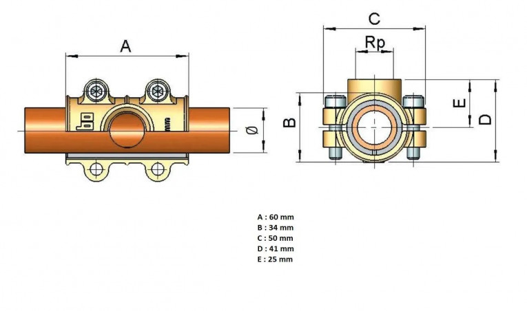 Abzweigschelle aus Messing mit Innengewinde 15x21 (1/2") für 22 mm Kupferrohr