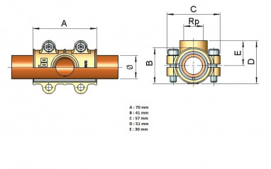 Collare di derivazione in ottone con filettatura femmina 20x27 (3/4") per tubo di rame da 28 mm