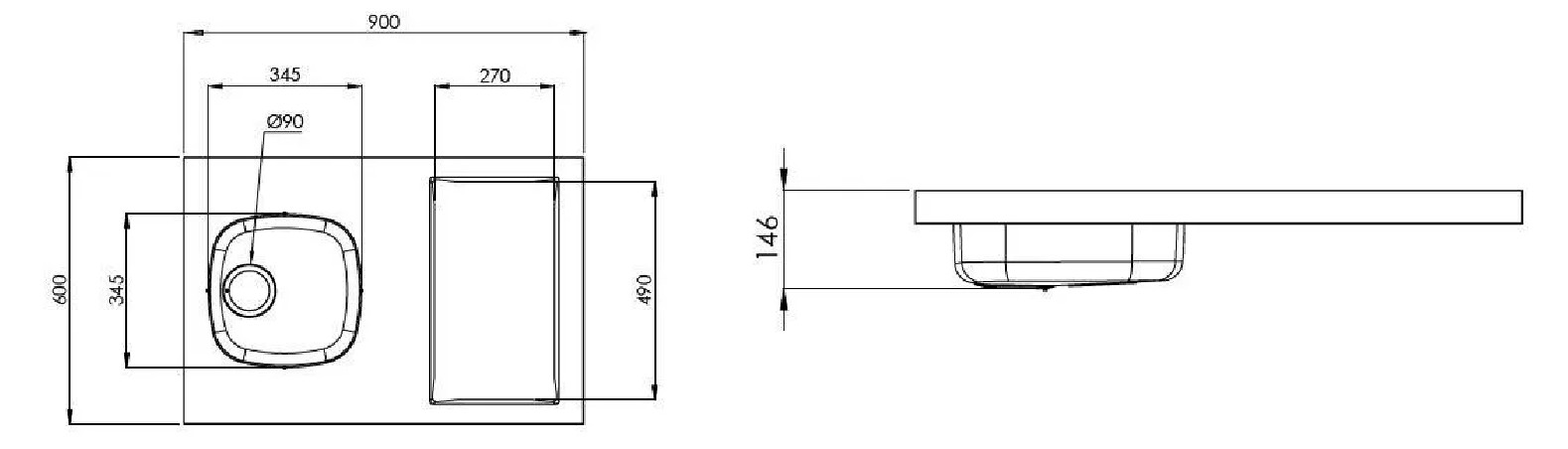 Evier cuisinette ISEO une cuve 90x60 avec découpe pour domino (non fourni) réversible