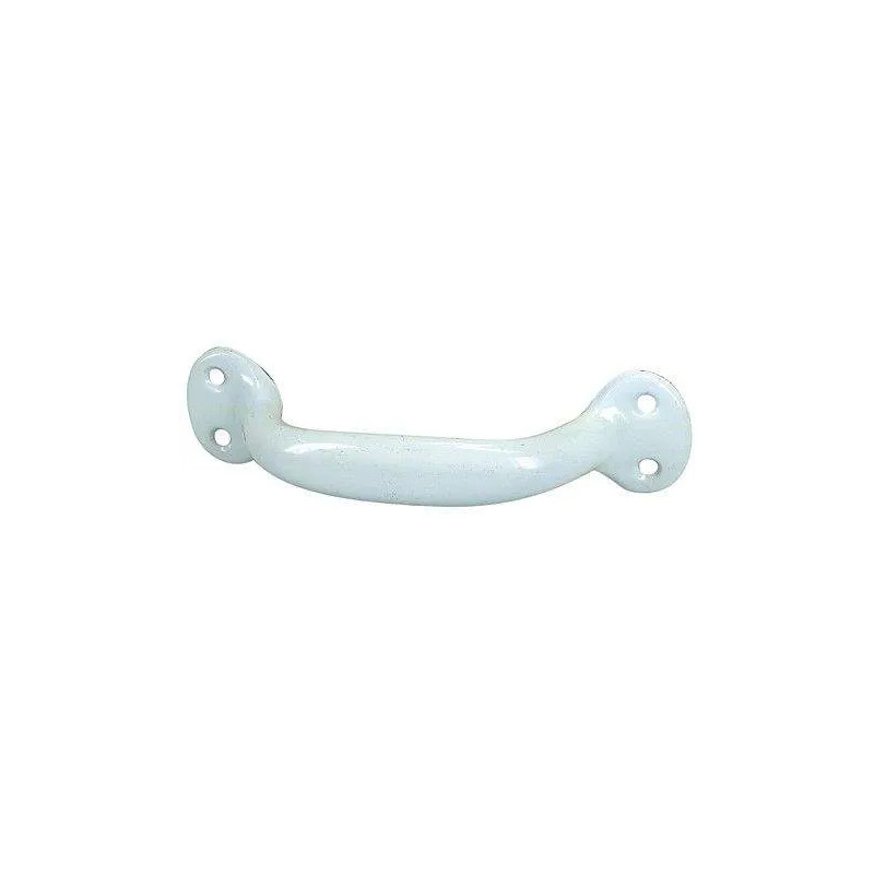 White steel screw-on lever handle, W.140mm, H.37mm, D.33mm, center distance 123mm, 1 piece with screws.