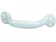 White steel screw-on lever handle, W.140mm, H.37mm, D.33mm, center distance 123mm, 1 piece with screws.