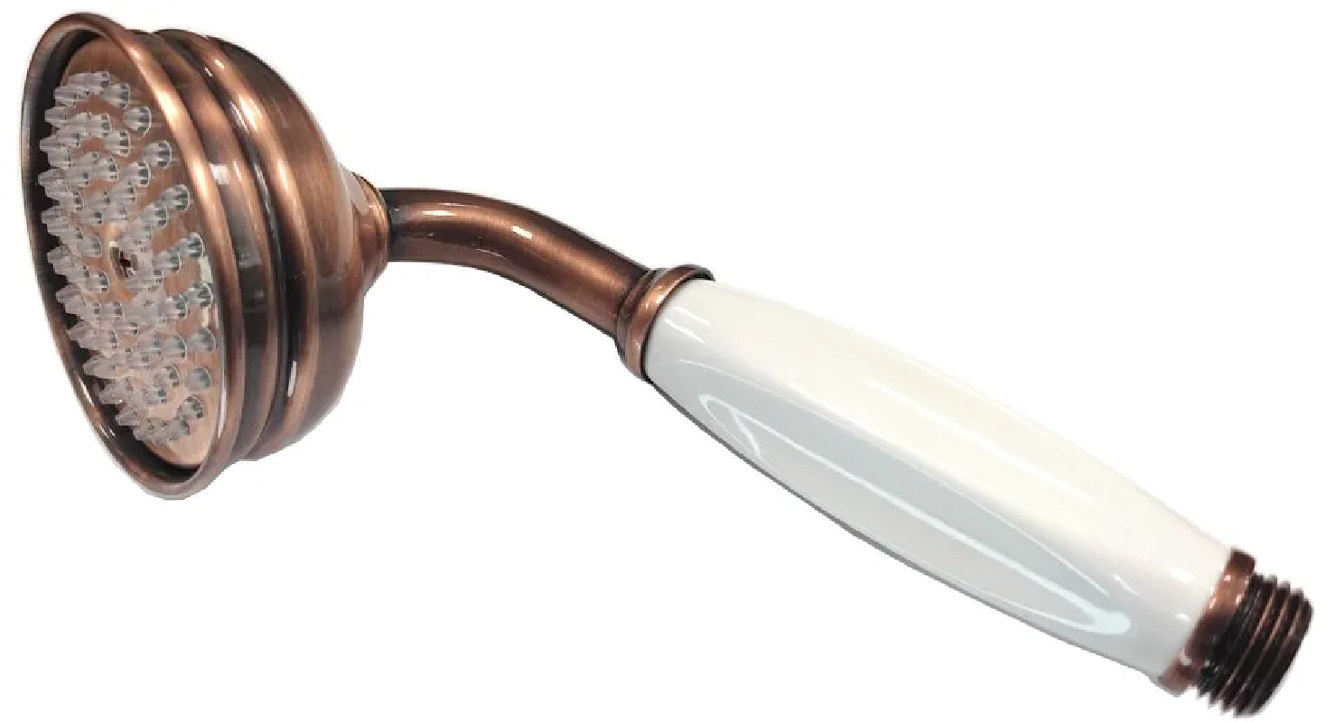 Retro showerhead with porcelain handle in old copper finish.