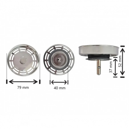 Stainless steel basket for sink drain, diameter 79 mm, 20 holes