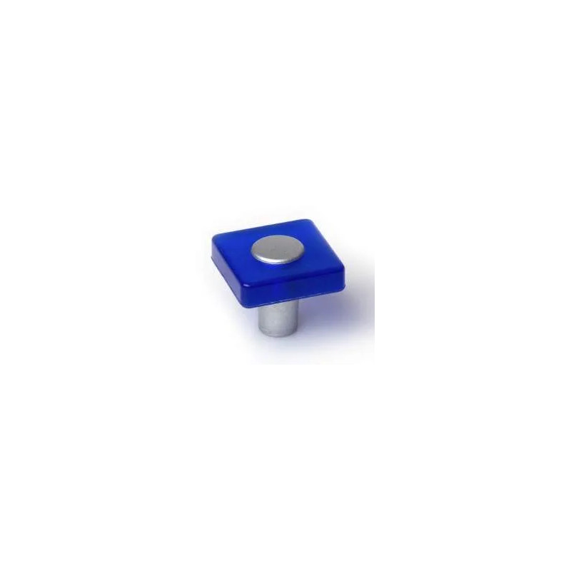 Square PVC knob, opal blue, 30x30mm, H.26mm, 1 piece with screws.