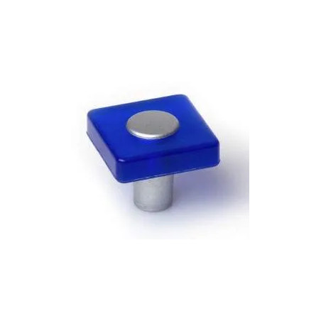 Square PVC knob, opal blue, 30x30mm, H.26mm, 1 piece with screws.