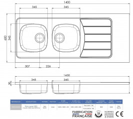 Fregadero con 2 cubetas y 1 escurridor de acero inoxidable 18/10 140 x 60 mm