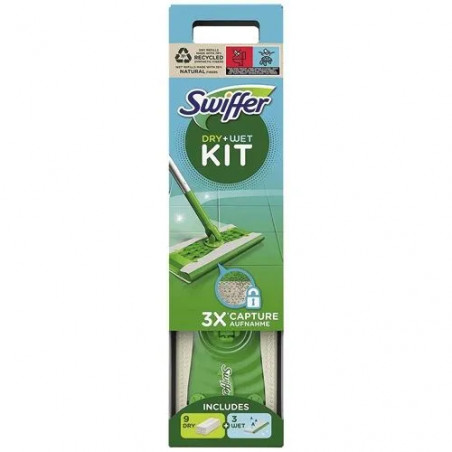 Kit complet balai Swiffer, 9 lingettes sèches + 3 lingettes humides