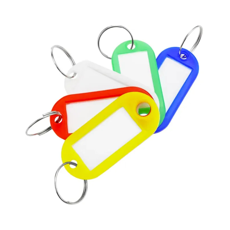 Schlüsselanhänger mit Etikett, L.55mm, B.22mm, mehrfarbig, Stahlring, 7 Stück.