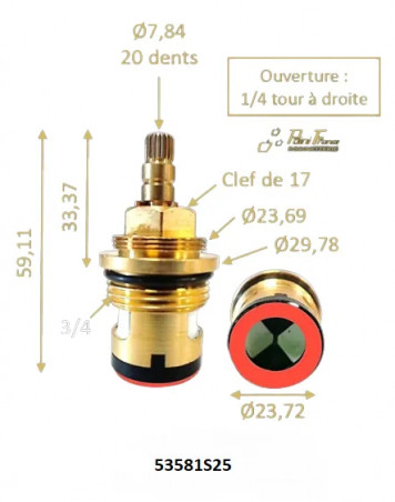 TETE CERAMIQUE 1/4 DE TOUR A DROITE - 3/4\"- H59MM - 20 DENTS - PAINI