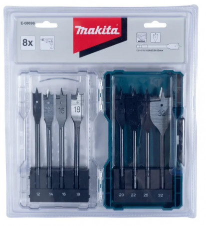 Coffret de 8 mèches à bois plates MAKITA, 12,14,16,18,20,22,25,32 mm, tige hexagonale  