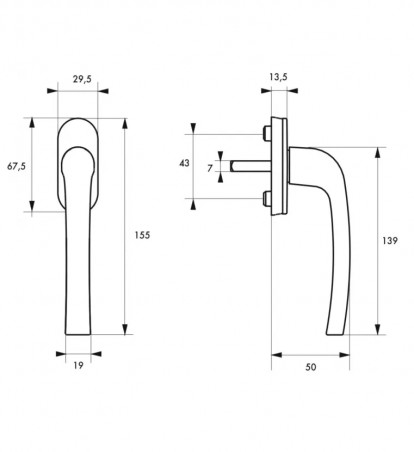 Manilla de ventana, manilla de palanca con llave, muescas de 90° con tornillo oculto, blanca