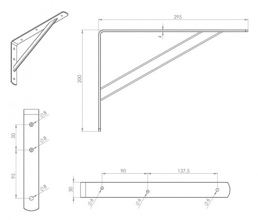 Bracket, reinforced heavy-duty bracket in epoxy steel 295 x 200 mm, white