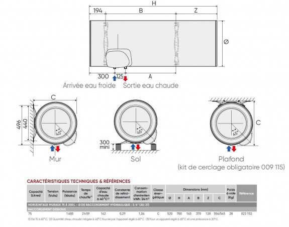 Scaldabagno elettrico orizzontale 75L con riscaldatore a immersione 1600W, D.52 L.70