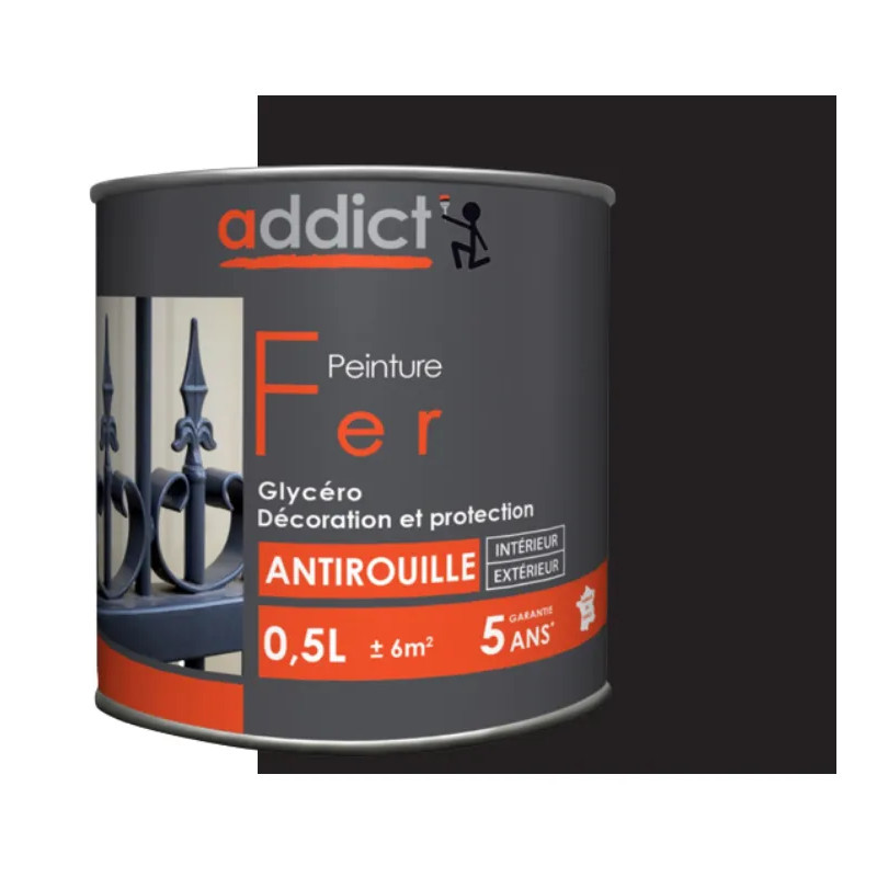 Peinture fer glycéro antirouille, noir brillant, 0,5 litre intérieur et extérieur