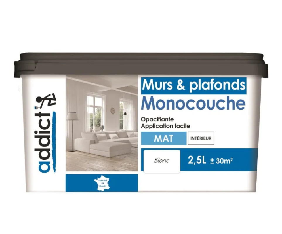 Peinture acrylique monocouche  murs et plafonds, blanc mat, 2,5 litres