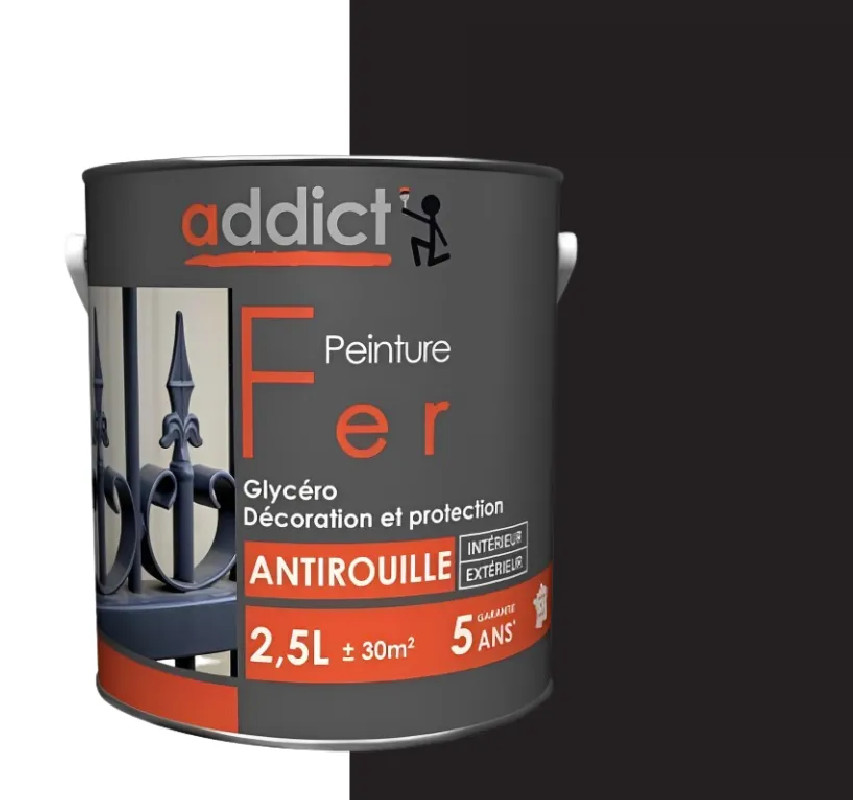 Peinture fer glycéro antirouille, noir profond, 2,5 litres intérieur et extérieur