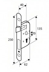 Serrure à encastrer, trou cylindre porte entrée, coffre 135 mm, axe 40 mm 