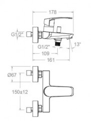 New fly" wall-mounted bath and shower mixer.