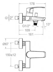 New fly" black wall-mounted bath/shower mixer.