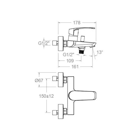 New fly" black wall-mounted bath/shower mixer.