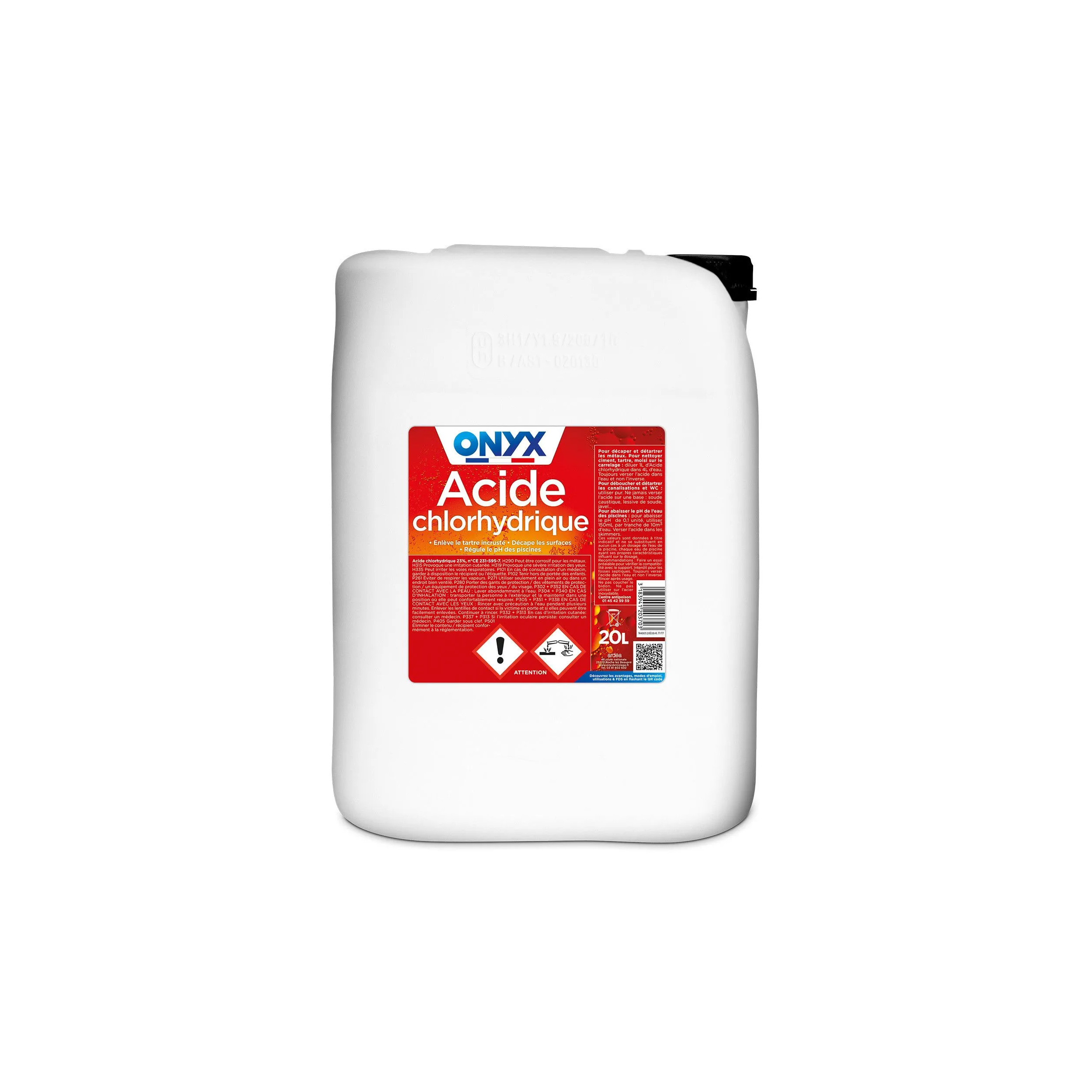 Acide chlorhydrique ONYX 23%, détachant, détartrant, régulation pH , 20 litres