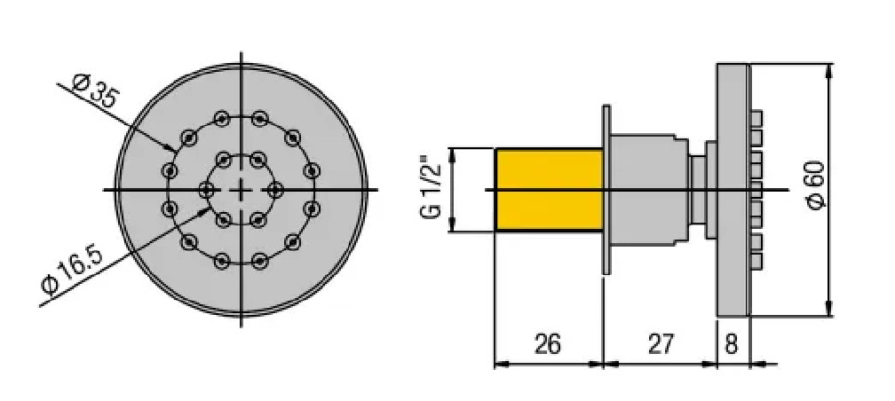 High-flow hydromassage swivel side shower, round.