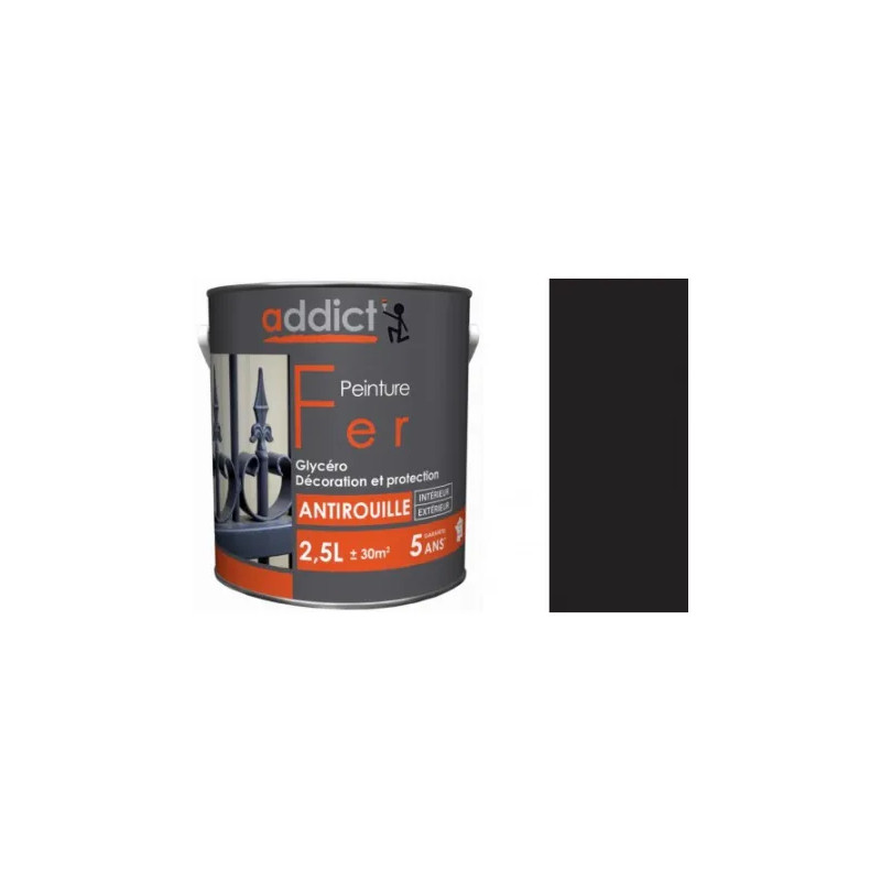 Pintura de hierro antioxidante Addict Peinture de 2,5 litros, negro mate, interior y exterior.