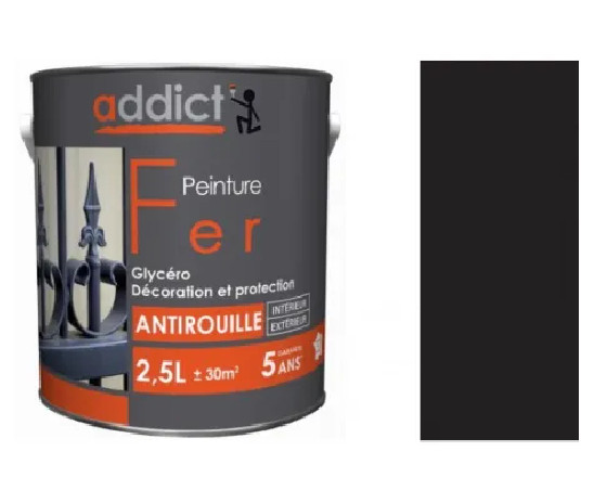 Peinture fer glycéro antirouille, noir mat, 2,5 litre intérieur et extérieur Addict Peinture.