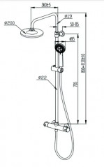 Colonne de douche avec robinet thermostatique, pomme de 20cm et douchette 3 jets.