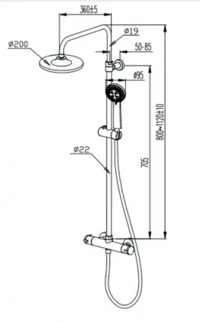 Duschsäule mit Thermostatventil, 20 cm Kopfbrause und 3-Strahl-Handbrause.